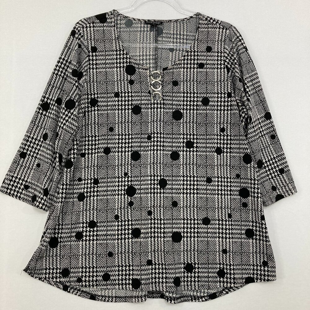 Ava & Grace size 2X Black Gray Polka Dot 3/4 Sleeve Stretch Key Hole Popover Top